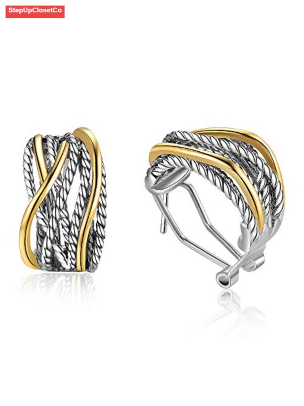 Two Tone Huggie Hoop Earrings Crossover Twisted Rope Statement Clip On
